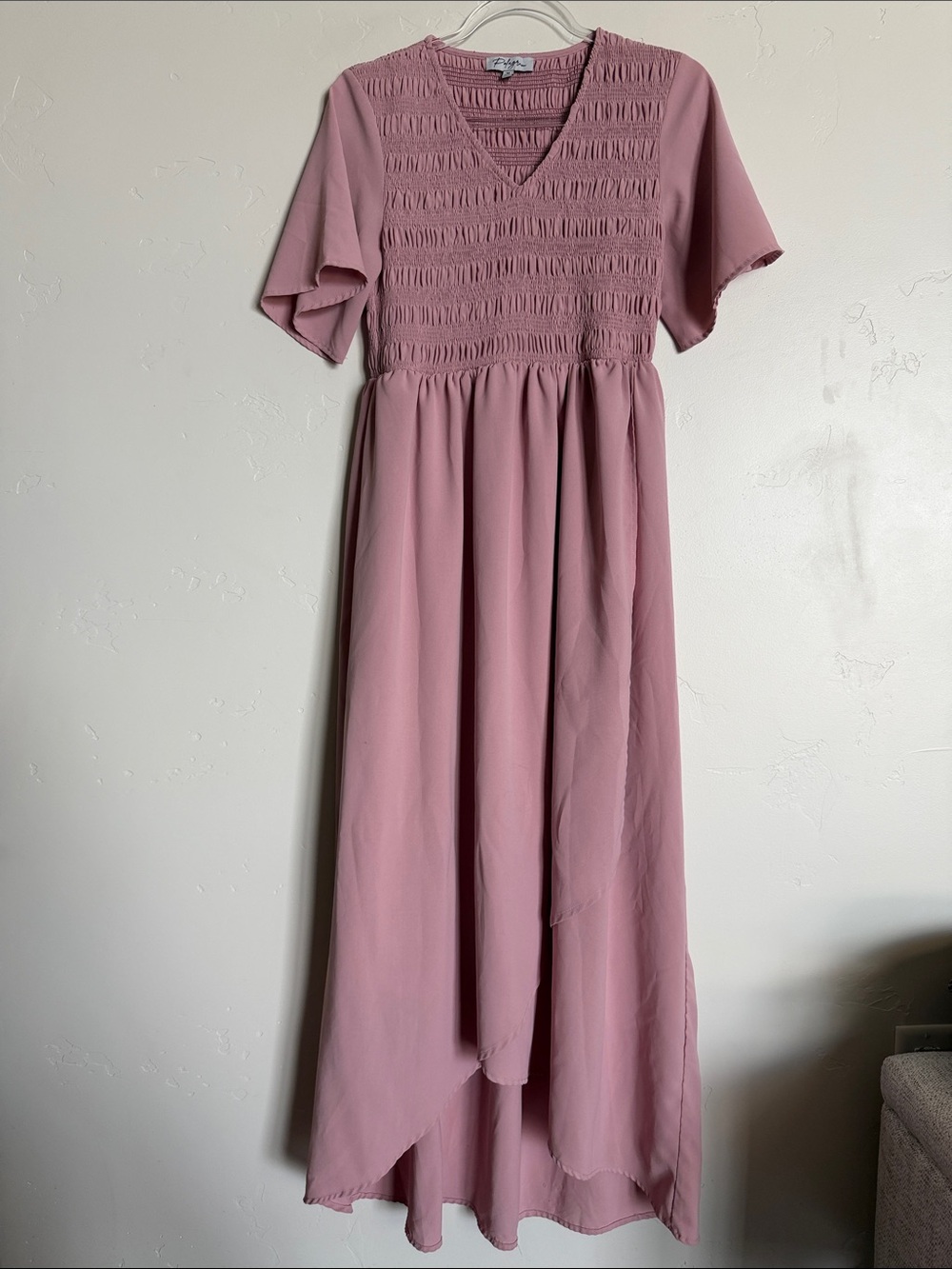 Polagram Pink Smocked V-Neck Maxi Dress Cottage Feminine Flowy Dress